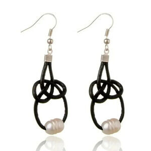 Hand Crafted Freshwater Pearl and Black Cowhide Leather Knotted Dangle Earrings